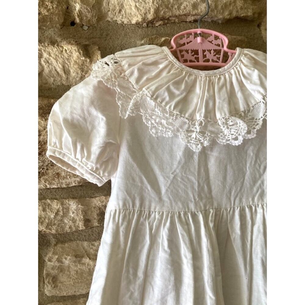 Vintage 80's Paper White Heirloom Dress - 4T - Hand Embroidered Linen Cotton